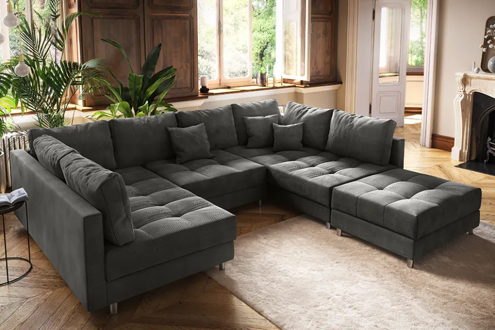 Moderne XXL Wohnlandschaft KENT 305cm anthrazit Cord Bigsofa inkl. Hocker Federkern