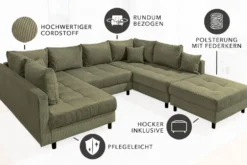 Moderne XXL Wohnlandschaft KENT 305cm grün Cord Bigsofa inkl. Hocker Federkern