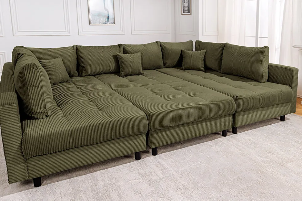 Moderne XXL Wohnlandschaft KENT 305cm grün Cord Bigsofa inkl. Hocker Federkern