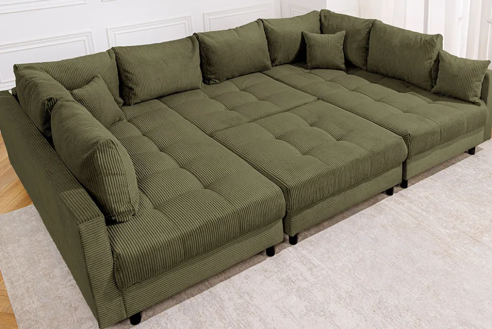 Moderne XXL Wohnlandschaft KENT 305cm grün Cord Bigsofa inkl. Hocker Federkern