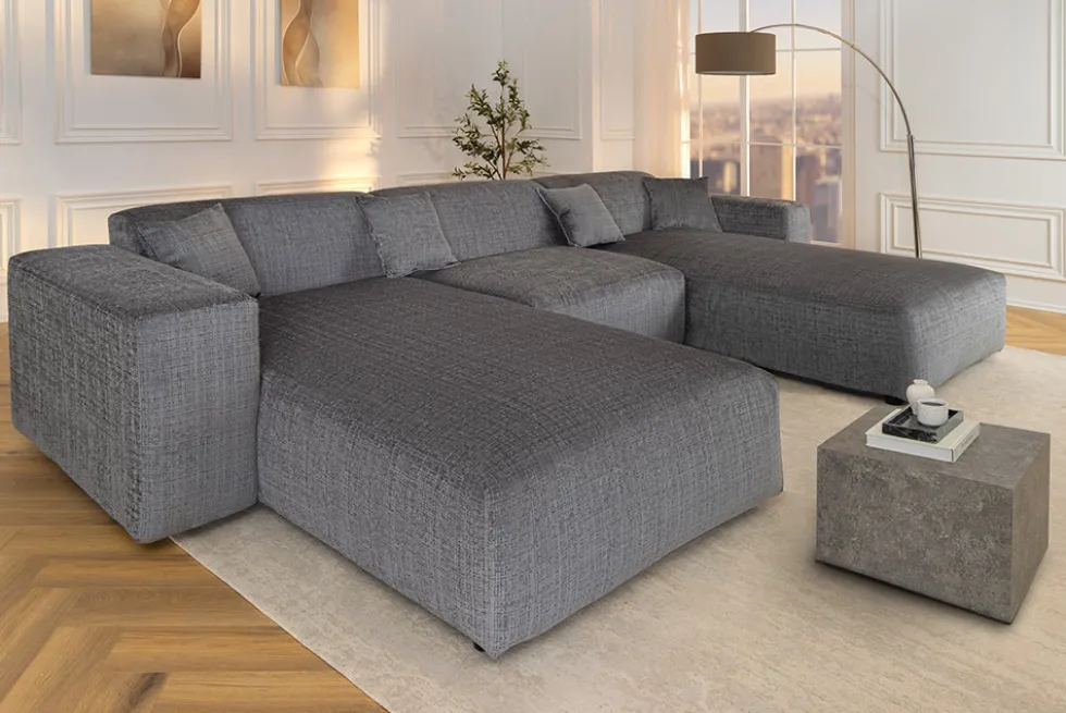 Moderne XXL Wohnlandschaft SIGNATUR 370cm grau Chenille Cremona U-Form Sofa inkl. Kissen