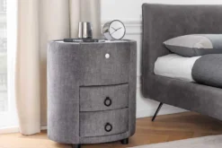 Nachttisch SIGNUM 55cm oval grau Vogue Seiden Samtstoff inkl. Beleuchtung Schubladen