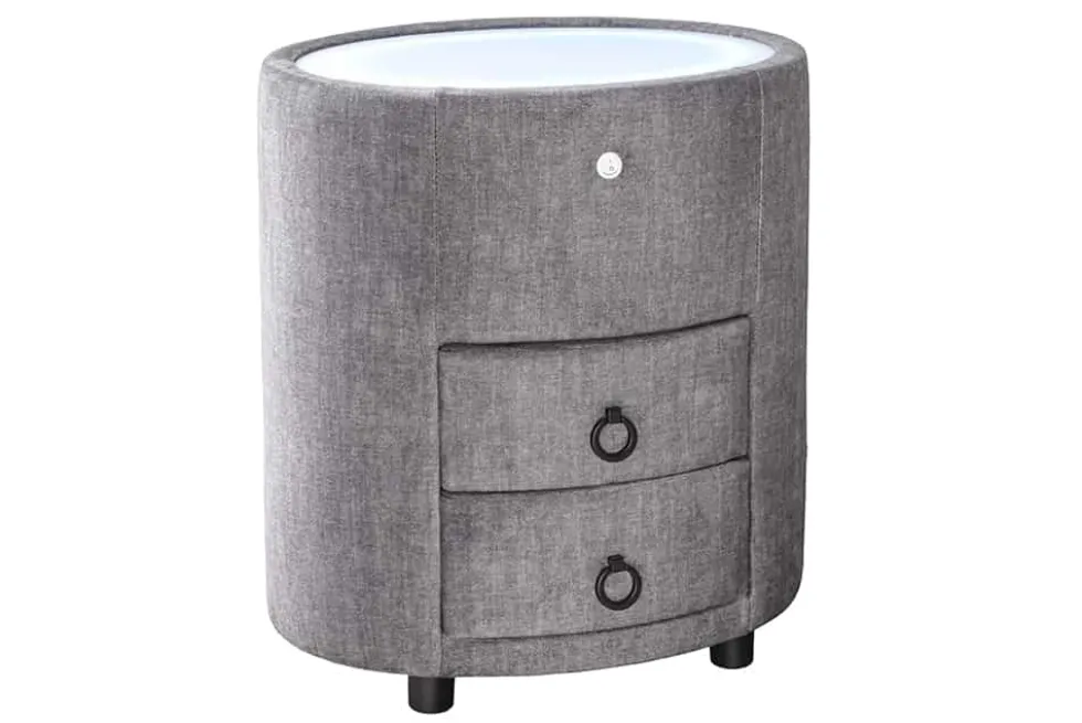 Nachttisch SIGNUM 55cm oval grau Vogue Seiden Samtstoff inkl. Beleuchtung Schubladen