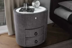 Nachttisch SIGNUM 55cm oval grau Vogue Seiden Samtstoff inkl. Beleuchtung Schubladen