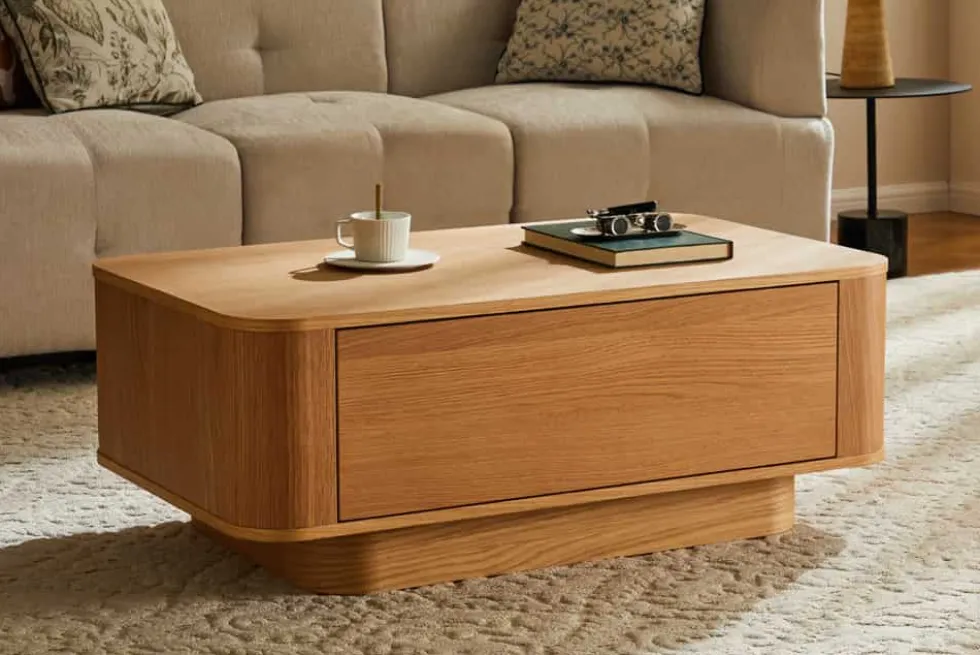 Nordischer Couchtisch VALHALLA WOOD 100cm natur Eichenholz mit Schublade