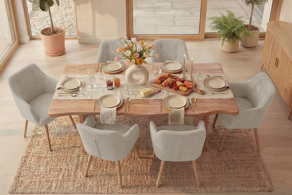 Nordischer Stuhl SCANDINAVIA MEISTERSTÜCK beige natur Strukturstoff Massivholzbeine