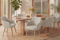 Nordischer Stuhl SCANDINAVIA MEISTERSTÜCK beige natur Strukturstoff Massivholzbeine