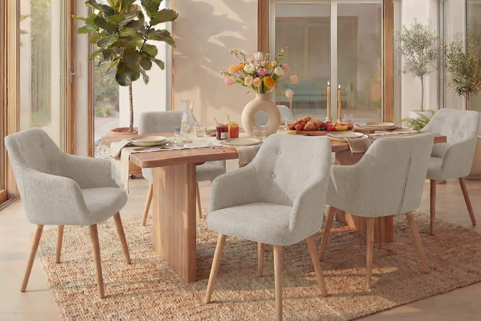Nordischer Stuhl SCANDINAVIA MEISTERSTÜCK beige natur Strukturstoff Massivholzbeine