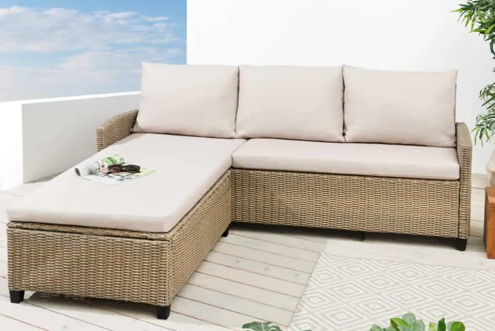Outdoor Garten-Lounge MONACO 190cm natur Polyrattan Sitzecke inkl. Kissen wetterfest