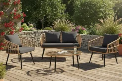 Outdoor Gartenlounge PARIS natur Rattan Gartenmöbel-Set inkl. Wechselbezügen grau creme
