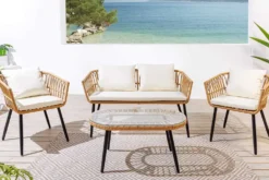 Outdoor Gartenlounge PARIS natur Rattan Gartenmöbel-Set inkl. Wechselbezügen grau creme
