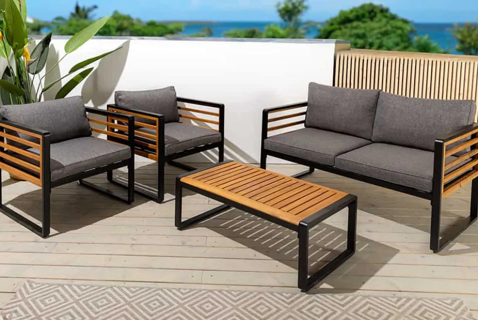 Outdoor Garten-Sitzgruppe PURE grau natur Akazie schwarz Metall inkl. Tisch Sitzpolster