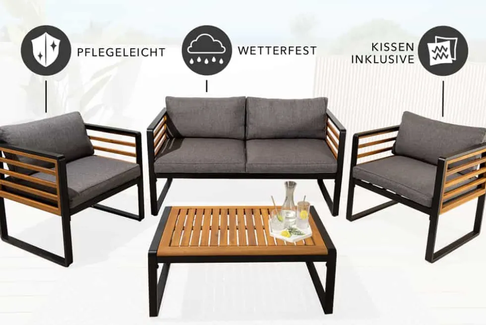 Outdoor Garten-Sitzgruppe PURE grau natur Akazie schwarz Metall inkl. Tisch Sitzpolster