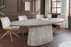 Ovaler Esstisch ART DECO 220cm smoke grau massives Mangoholz mit Säulenfuß