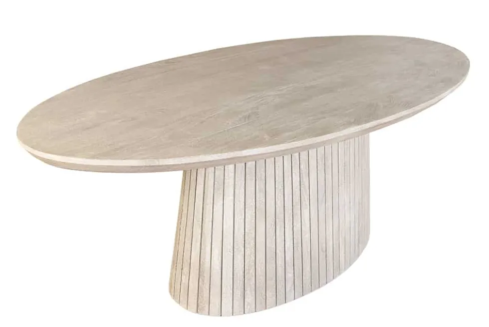 Ovaler Esstisch ART DECO 220cm smoke grau massives Mangoholz mit Säulenfuß