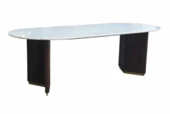 Ovaler Esstisch GATSBY 240cm braun gold Mangoholz weiße Marmorplatte V-Gestell