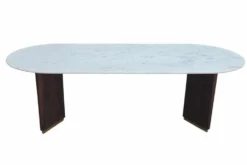 Ovaler Esstisch GATSBY 240cm braun gold Mangoholz weiße Marmorplatte V-Gestell
