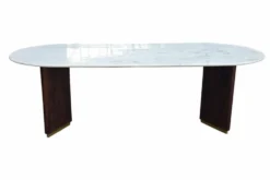 Ovaler Esstisch GATSBY 240cm braun gold Mangoholz weiße Marmorplatte V-Gestell