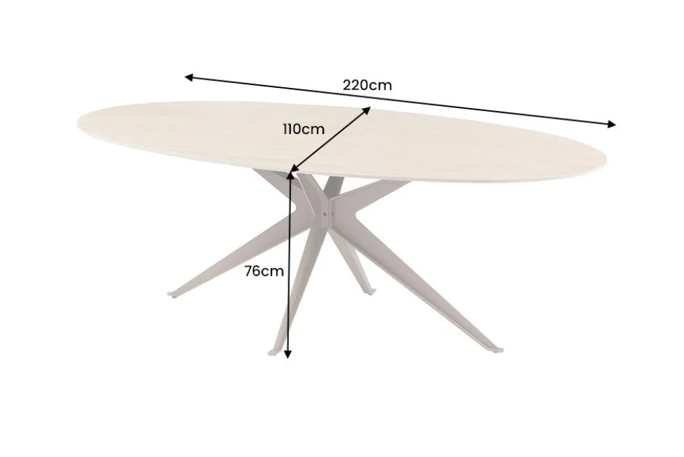Ovaler Esstisch SCULPTURE 220cm natur Travertin Keramik champagner greige Metall