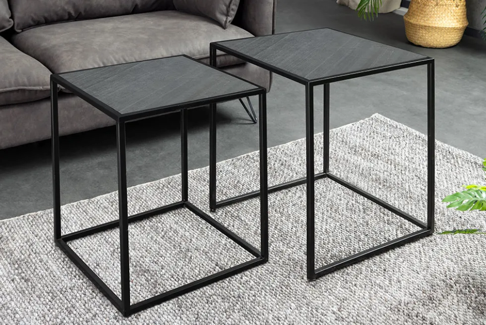 Quadratisches 2er Set Beistelltische MOUNTAIN SOUL 60cm schwarz Naturstein Metall