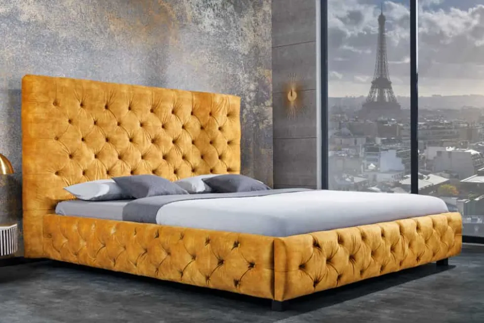 Queensize Doppelbett PARIS 160x200cm senfgelb Samt Chesterfield Design