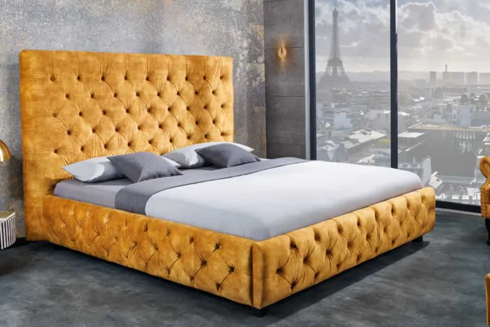 Queensize Doppelbett PARIS 160x200cm senfgelb Samt Chesterfield Design