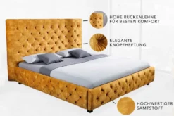 Queensize Doppelbett PARIS 160x200cm senfgelb Samt Chesterfield Design