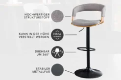 Retro Barhocker MANHATTAN grau Strukturstoff Eschenholz drehbar höhenverstellbar