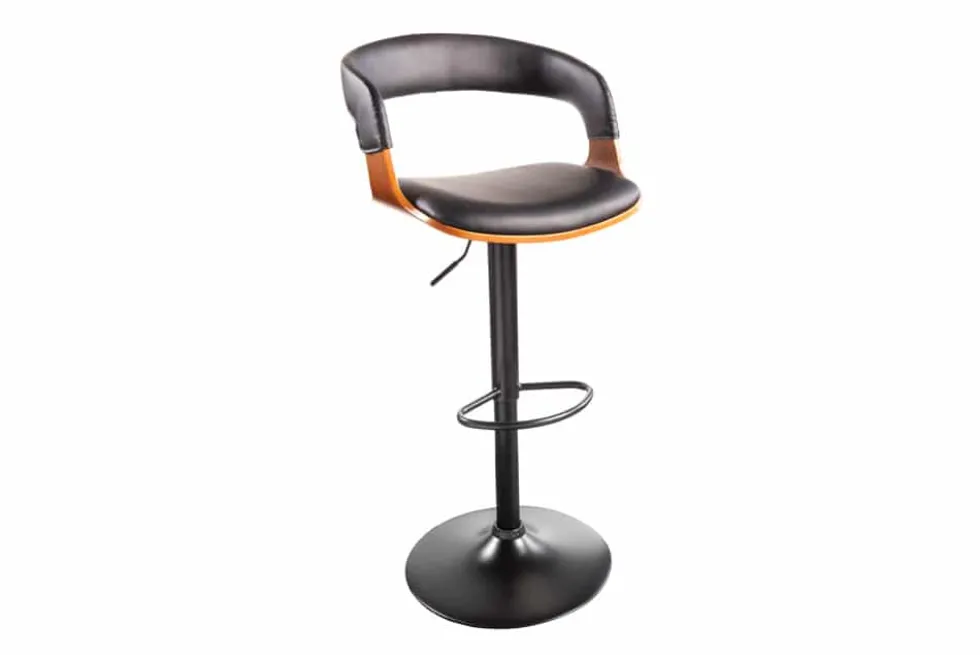 Retro Barhocker MANHATTAN schwarz Kunstleder Walnussholz drehbar höhenverstellbar