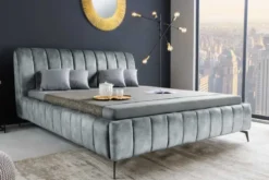 Retro Bett AMSTERDAM 160x200cm grau Samt schwarz Metall Polsterbett