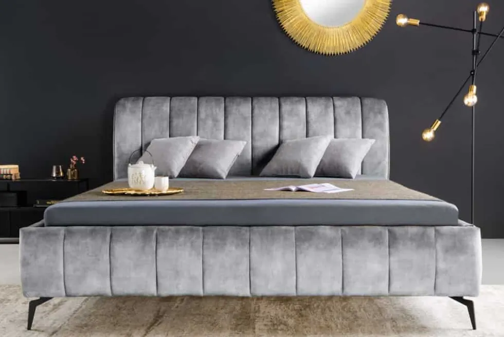 Retro Bett AMSTERDAM 160x200cm grau Samt schwarz Metall Polsterbett