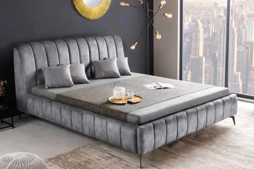 Retro Bett AMSTERDAM 160x200cm grau Samt schwarz Metall Polsterbett