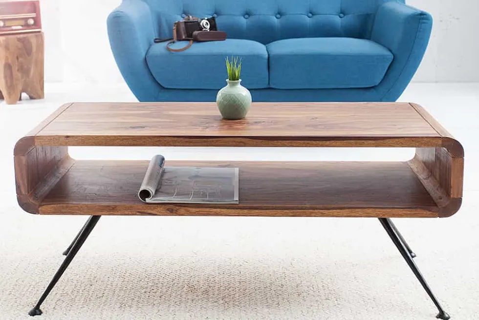 Retro Couchtisch ALPHA 100cm braun Sheesham Massivholz stone finish schwarze Metallbeine
