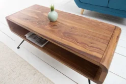 Retro Couchtisch ALPHA 100cm braun Sheesham Massivholz stone finish schwarze Metallbeine