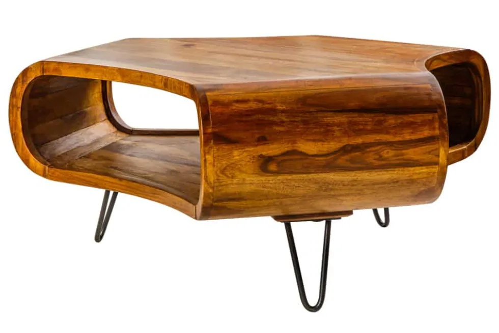 Retro Couchtisch ORGANIC LIVING 90cm braun Sheesham Massivholz stone finish Stauraum
