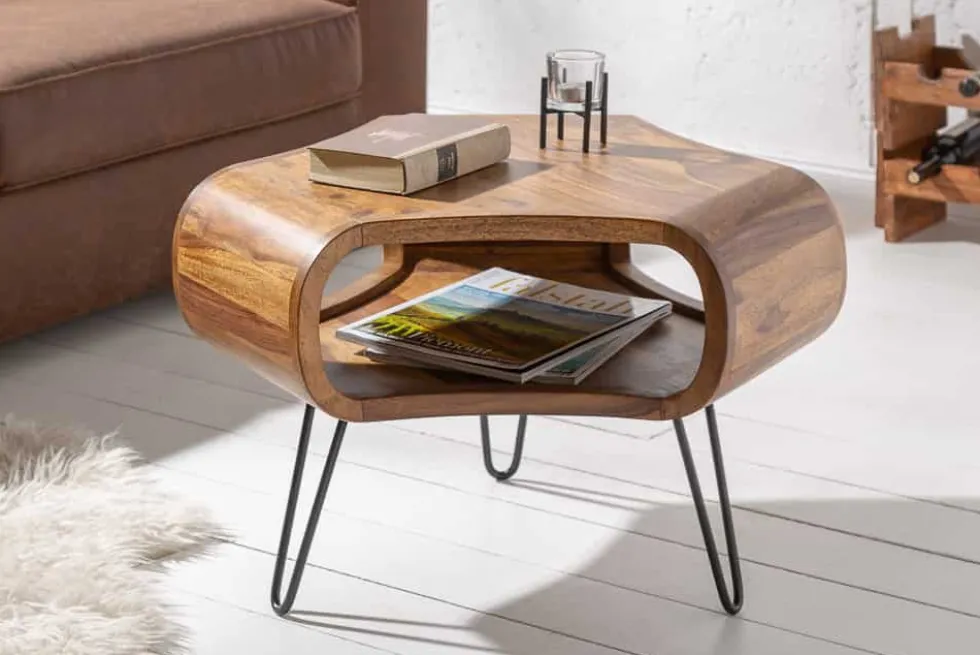 Retro Couchtisch ORGANIC LIVING 70cm braun Sheesham Massivholz stone finish Stauraum