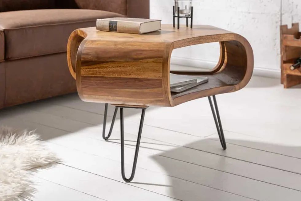 Retro Couchtisch ORGANIC LIVING 70cm braun Sheesham Massivholz stone finish Stauraum