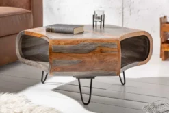 Retro Couchtisch ORGANIC LIVING 80cm grau smoke finish Sheesham Palisander Massivholz Hairpin Legs