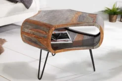Retro Couchtisch ORGANIC LIVING 70cm grau Sheesham Massivholz mit Stauraum Hairpin Legs