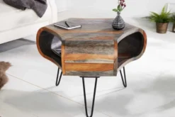 Retro Couchtisch ORGANIC LIVING 70cm grau Sheesham Massivholz mit Stauraum Hairpin Legs