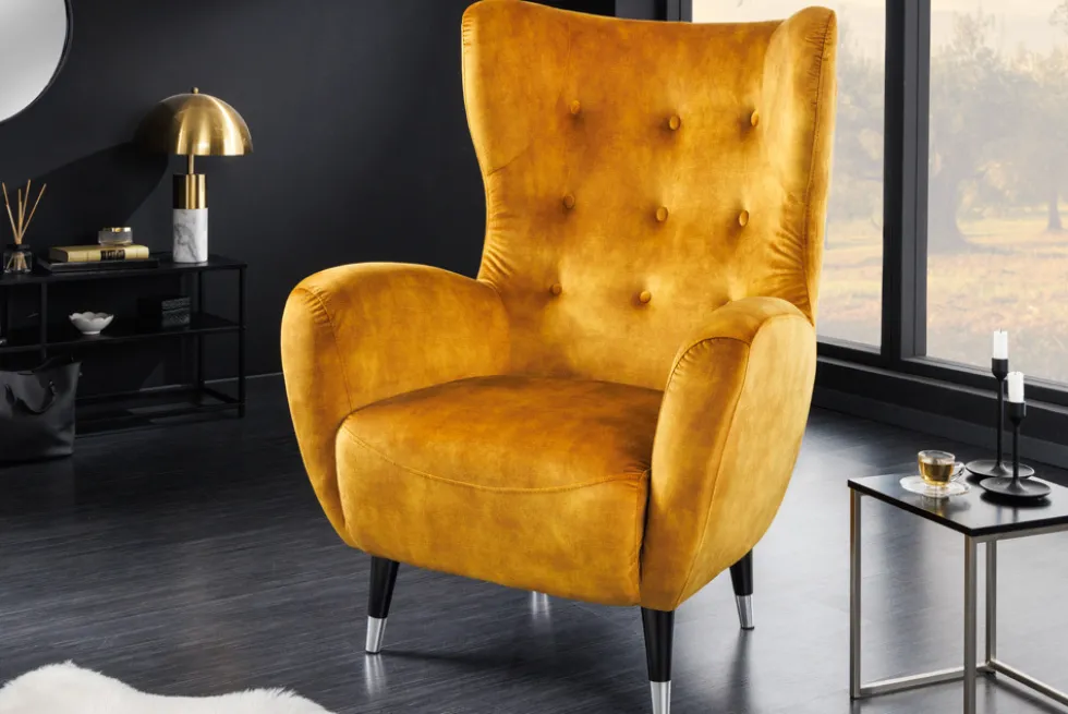Retro Design Sessel DON senfgelb Samt Federkern silberne Fußkappen