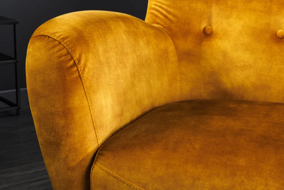 Retro Design Sessel DON senfgelb Samt Federkern silberne Fußkappen