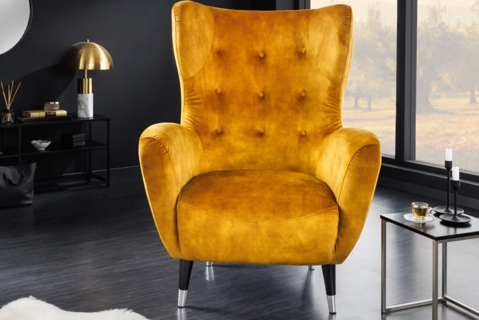 Retro Design Sessel DON senfgelb Samt Federkern silberne Fußkappen
