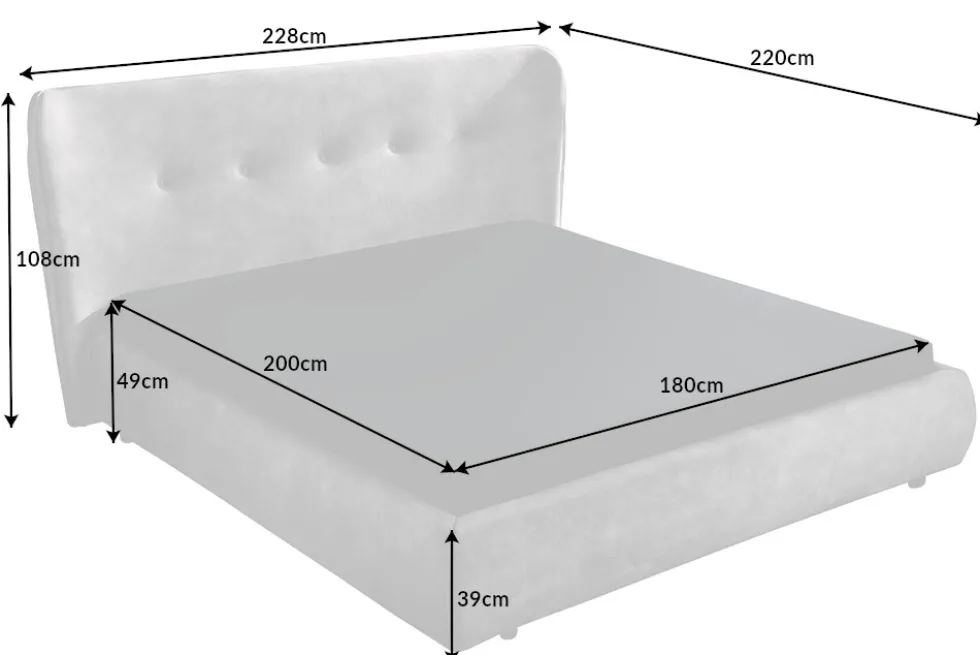 Retro Doppelbett FLORENZ 180x200cm grau Samt Kingsize Polsterbett