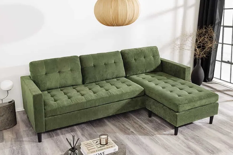 Retro Ecksofa STOCKHOLM 220cm grün Cordstoff Federkern 3-Sitzer