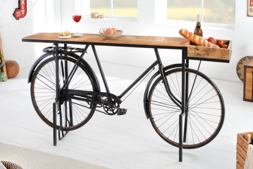 Retro Konsolentisch BICYCLE 195cm Mangoholz Fahrrad Bartisch Upcycling