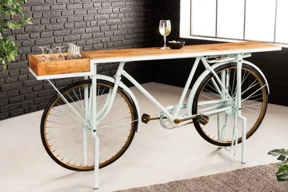 Retro Konsolentisch BICYCLE 190cm salbei natur Mangoholz Fahrrad Bartisch Upcycling