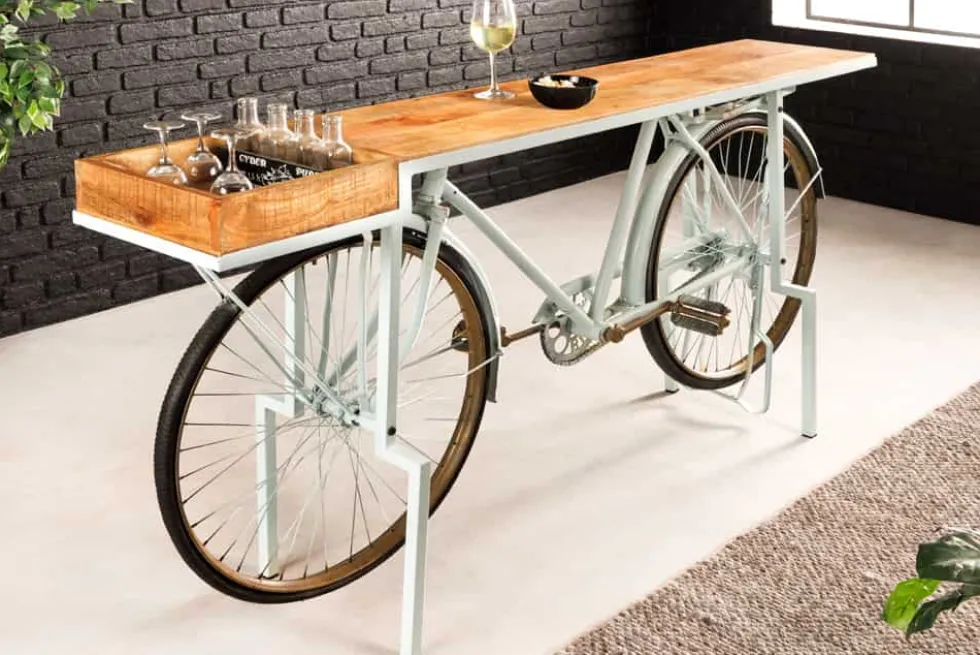 Retro Konsolentisch BICYCLE 190cm salbei natur Mangoholz Fahrrad Bartisch Upcycling