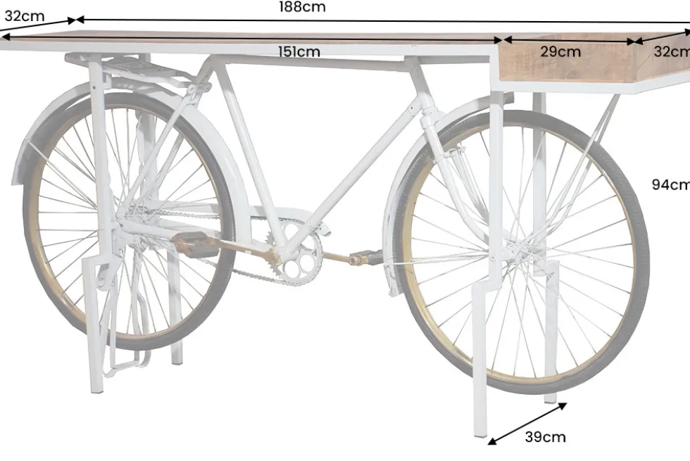 Retro Konsolentisch BICYCLE 190cm salbei natur Mangoholz Fahrrad Bartisch Upcycling