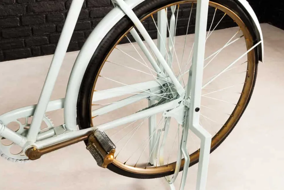 Retro Konsolentisch BICYCLE 190cm salbei natur Mangoholz Fahrrad Bartisch Upcycling